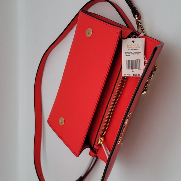Michael Kors Saffiano Leather 3-in-1 Crossbody Clutch In Coral Reef - Picture 4 of 4